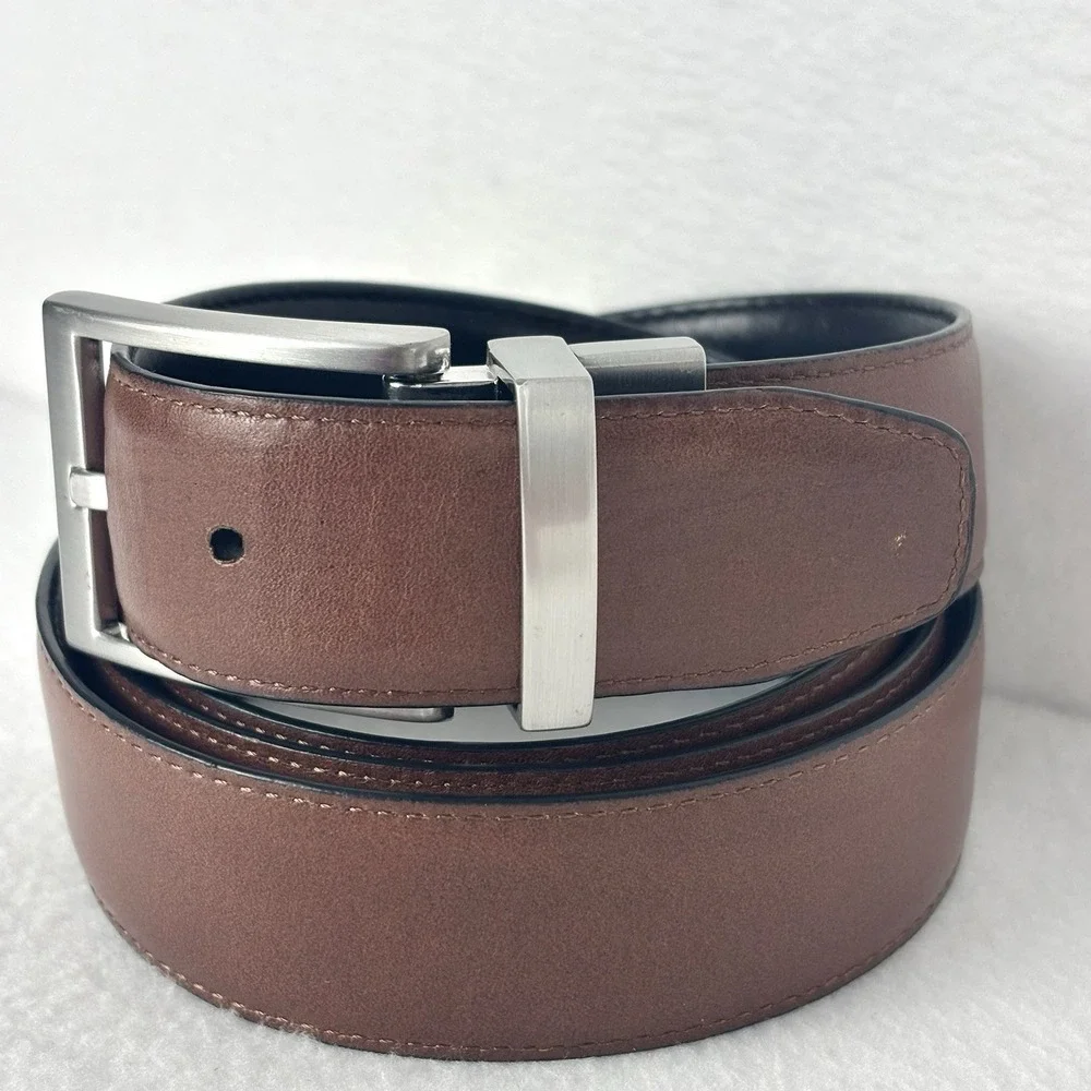 Land's End Brown/Black Leather Reversible Belt Silver Buckle Classic Men's Sz 46